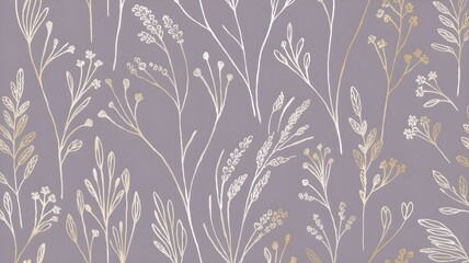 Elegant Floral Seamless Pattern with White and Gold Branches on a Light Purple Background, Ideal for Fabric Designs, Wallpapers, and Creative Projects with a Luxurious Aesthetic