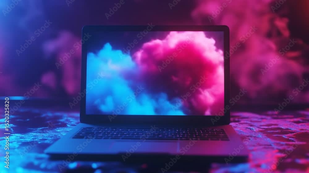 Poster laptop computer displaying abstract colorful smoke animation in vibrant neon lighting setup