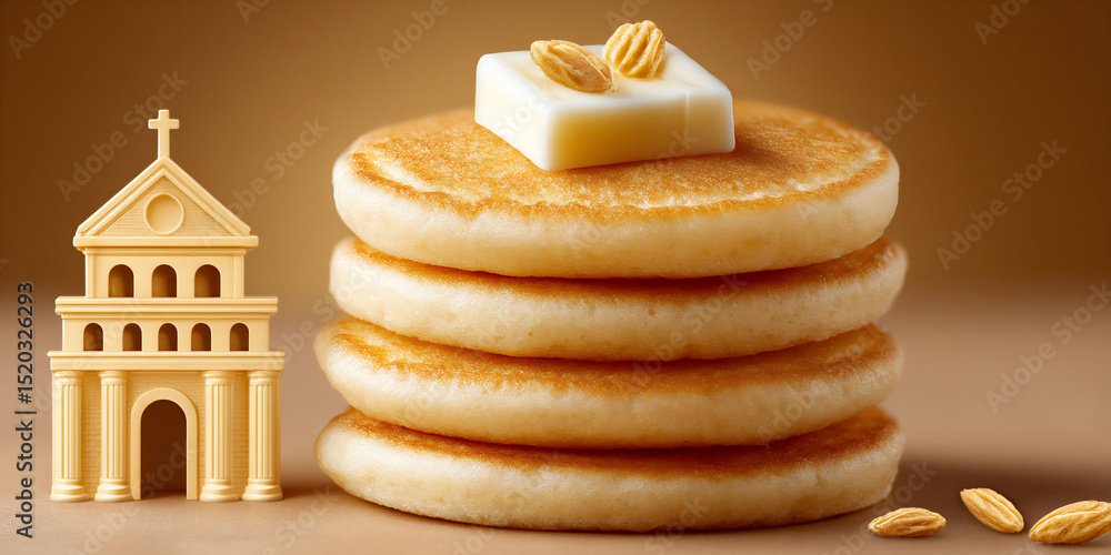 Poster a stack of pancakes arranged to resemble a towering, abstract architectural structure