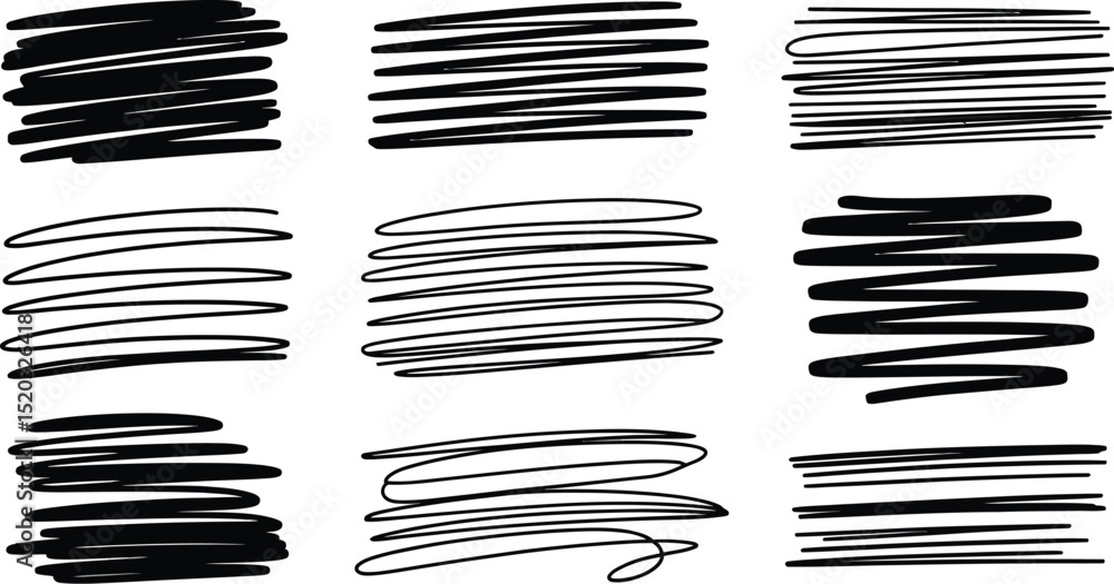Poster nine black scribbled line patterns arranged in a grid on a white background creating abstract design