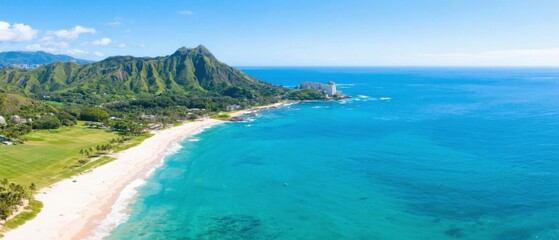 Fototapeta premium Aerial View of Waikiki Beach and Diamond Head in Honolulu Hawaii on a Sunny Day