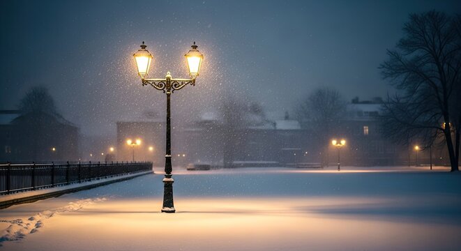Snowy illuminated street lamp in a park with falling snowflakes and buildings in the background creates a peaceful winter scene at night with footprints in the snow.