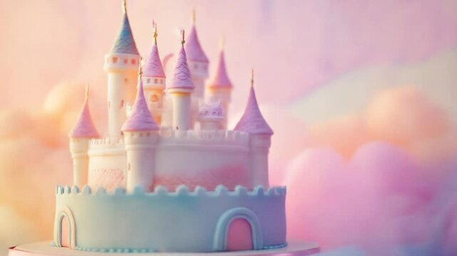 Magical castle cake with pastel colors, perfect for fairy tales and whimsical celebrations