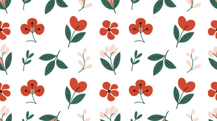 Seamless vector floral pattern with red tulips, leaves, and berries, a natural spring design element