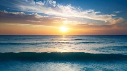 Vibrant ocean sunset with bright sun reflecting on the water and small waves gently breaking along the shoreline creating tranquil seascape - Powered by Adobe