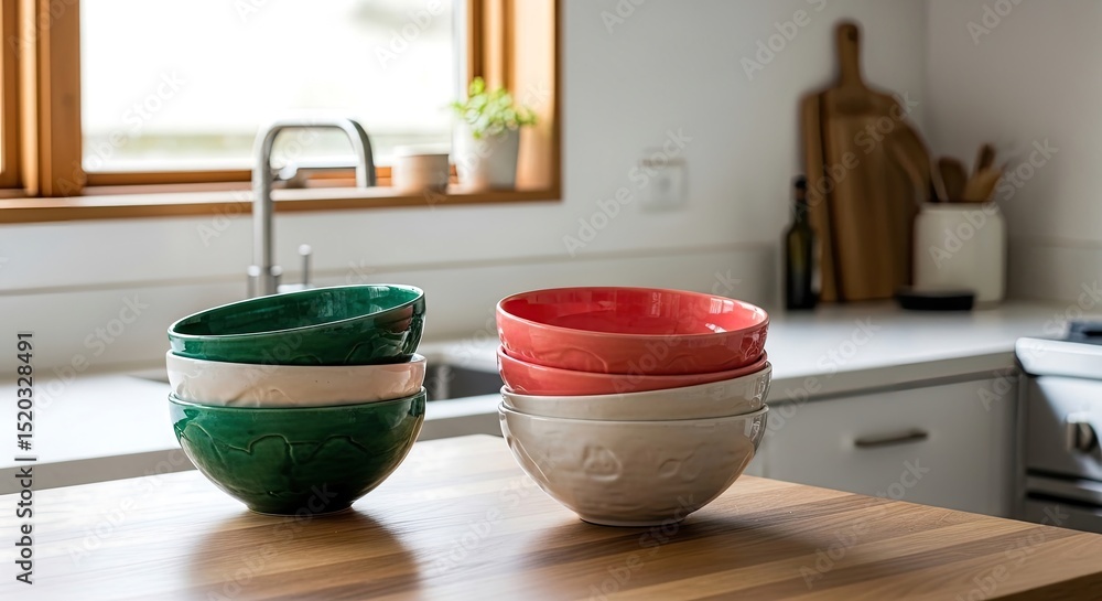 Poster colorful bowls stacked on a wooden surface in a kitchen setting near a window and sink creating a br