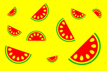 Colorful watermelon slices scattered against a bright yellow background creating a vibrant summer atmosphere