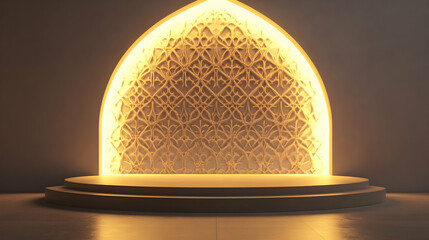 Elegant golden islamic arch with intricate patterns and soft lighting design
