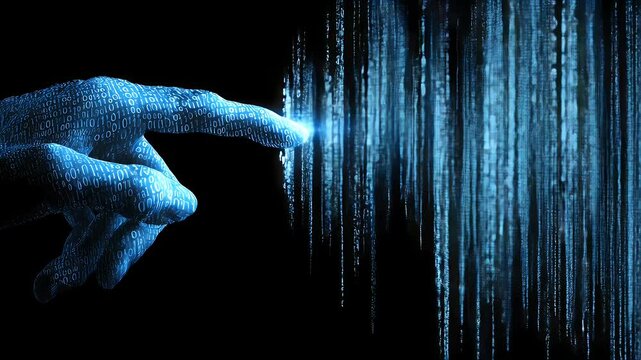 A futuristic blue hand reaching out to touch a digital stream of binary code in a dark environment