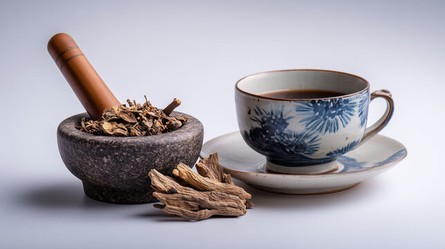 neat display of Kampo medicine elements like dried roots, mortar and pestle, and herbal decoction in a ceramic teacup, arranged with balance and elegance on a clean surface