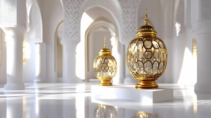 Elegant golden lanterns and traditional islamic architecture in a bright setting