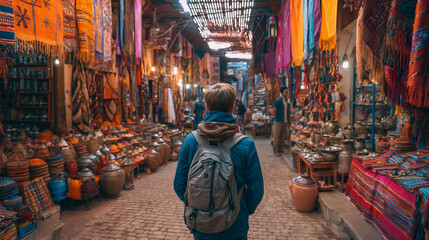 Obraz premium Bustling Middle Eastern Bazaar: Vibrant Market Street Full of Traditional Handcrafted Textiles and Ethnic Art in a Colorful Urban Landscape