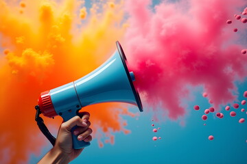 Creative announcement concept with colorful powder exploding from a megaphone