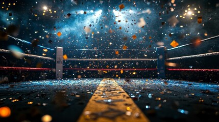 Empty boxing ring with confetti falling after a match.