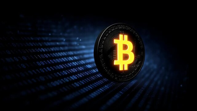 A glowing Bitcoin symbol stands prominently against a backdrop of digital binary code, symbolizing cryptocurrency innovation