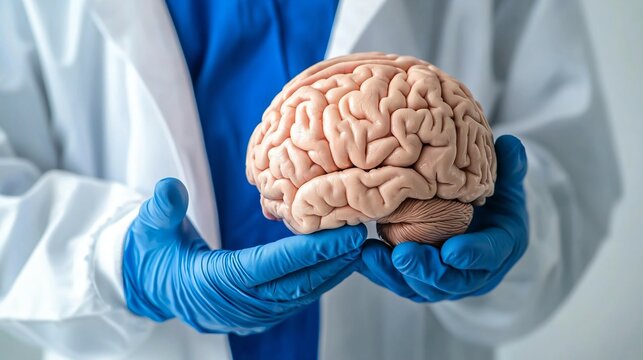 Close-up of surgeon's gloved hands performing delicate brain surgery with medical instruments, focused on precision and expertise in neurosurgery. Advanced medical procedure and healthcare concept.
