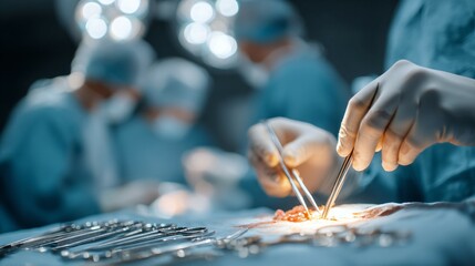 Fototapeta premium Close-up of surgeon's gloved hands performing delicate brain surgery with medical instruments, focused on precision and expertise in neurosurgery. Advanced medical procedure and healthcare concept.