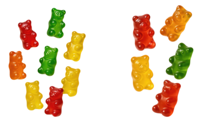 Colorful Gummy Bear Candy Array Featuring Red, Green, Yellow Variants in Playful Arrangement, Isolated on Transparent and White Background