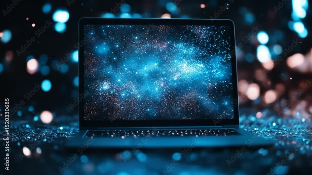 Poster modern laptops displaying space galaxy on screen against a bokeh lights background