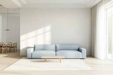 Light-filled, modern living room with a light-blue couch and wooden coffee table
