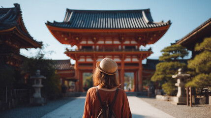 Japanese Temple Architecture: Sunset Pathway and Gardens in Serene Scenic View for Cultural Heritage Tourism Adventure