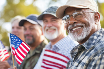  Smiling veterans celebrating Independence Day with American flags outdoors in USA