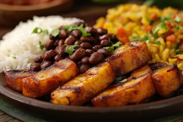 Authentic Caribbean Dinner. Grilled Plantains, Spicy Black Beans, and Flavorful Rice - A Colorful Vegetarian Meal