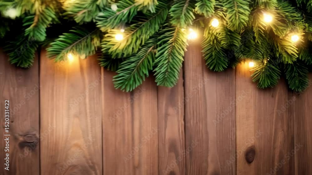 Poster festive evergreen branches adorned with glowing string lights displayed against aged rustic brown wo