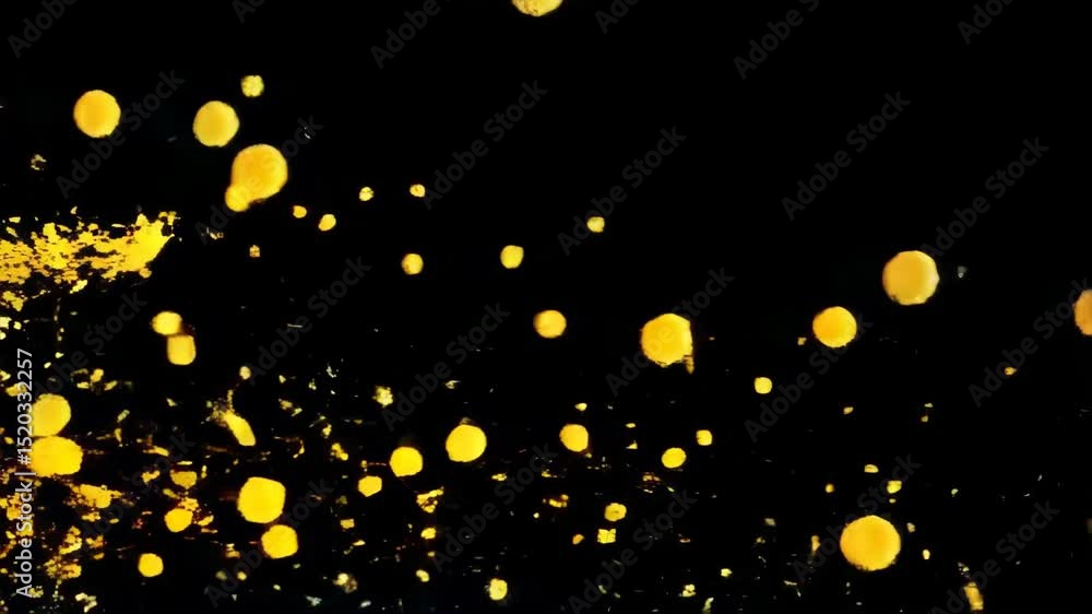 Poster bright yellow pigment explosion against black canvas backdrop, creating dynamic abstract movement an