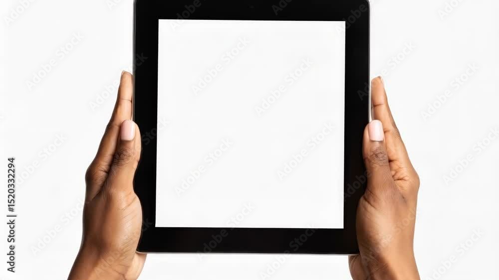 Poster hands holding up a black tablet with a blank white screen on an isolated studio background for easy 