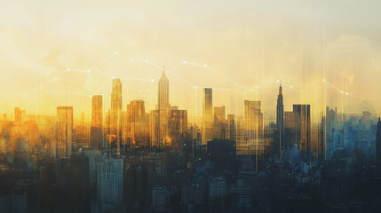 Smart city with connection network reciprocity over the cityscape social media networking systems that connects on the peak of success amid tall, innovative Smart city and graphs with statistics