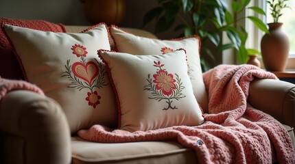 Cozy living room with embroidered floral cushions and soft pink blanket