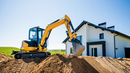 Excavator Digging Soil Near New House Construction Site Building Foundation Preparation
