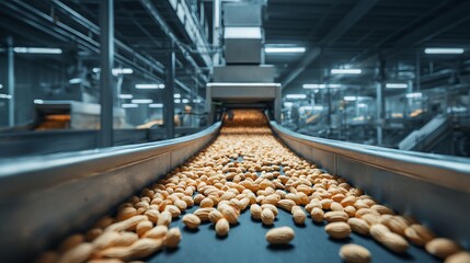 Automated Peanut Processing on Conveyor Belt in Factory