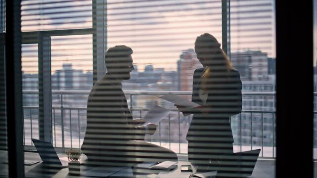 Manager silhouette talking executive reading report at panorama window cabinet