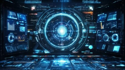 Futuristic control room interface with glowing circles and interactive display panel - Powered by Adobe