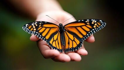 Fototapeta premium A monarch butterfly rests gently on a child's hand