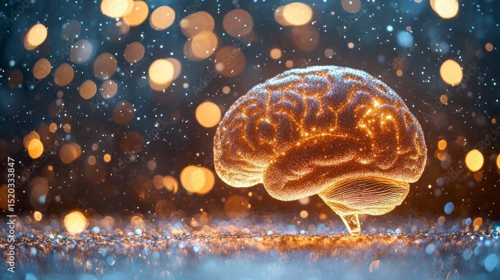 Aufkleber Glowing human brain model on sparkling surface with bokeh background.