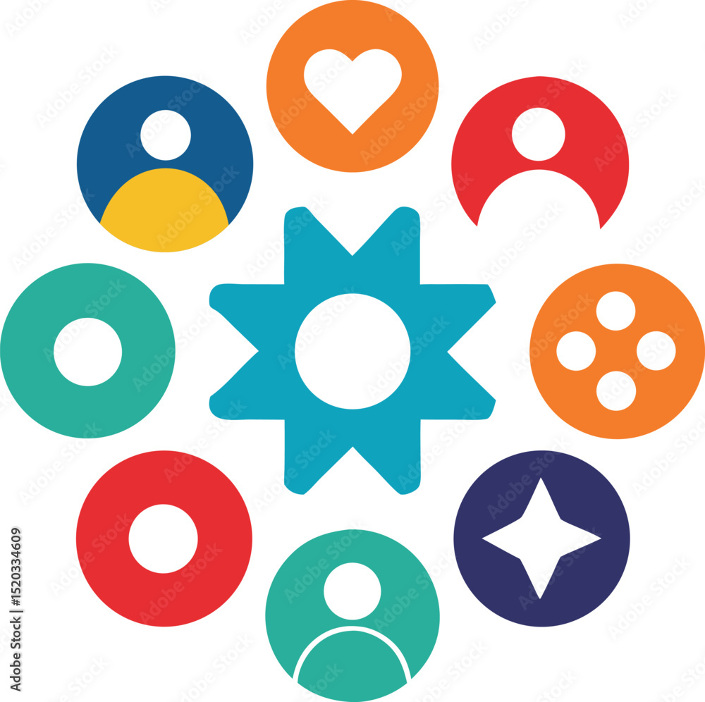 Poster abstract circular graphic with diverse icons and transparency for modern design projects