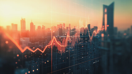 Obraz premium the peak of success amid tall, innovative Smart city and graphs with statistics to analyze business potential and predict future developments in company growth., innovative