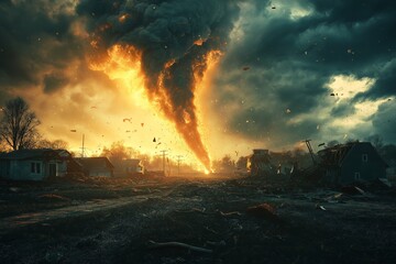 Extreme Weather Catastrophe. Tornado, Dark Clouds, and Firestorm Unleash Chaos and Destruction