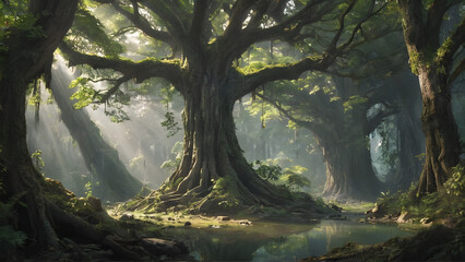 An ancient forest split open by a beam of divine light from the heavens, revealing a long-lost city made of crystal and roots.