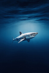 Fototapeta premium Majestic great white shark gracefully glides through deep ocean. A powerful symbol of natures untamed beauty and the mystery of the deep sea.