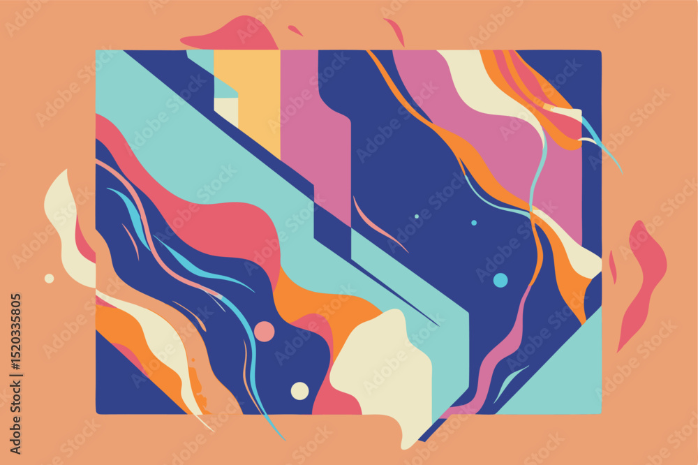Poster abstract geometric composition with flowing lines and bold color palette on transparent background