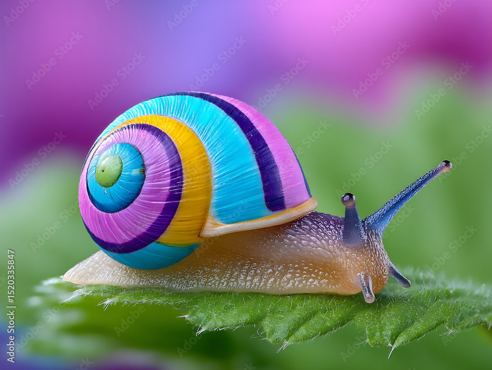 Poster close-up photograph of a snail with a colorful shell slowly moving across a leaf