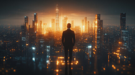 Smart city with connection network reciprocity over the cityscape social media networking systems that connects on the peak of success amid tall, innovative Smart city and graphs with statistics to a
