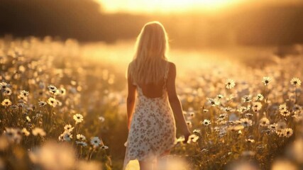 Woman in floral dress enjoying a daisy field at sunset