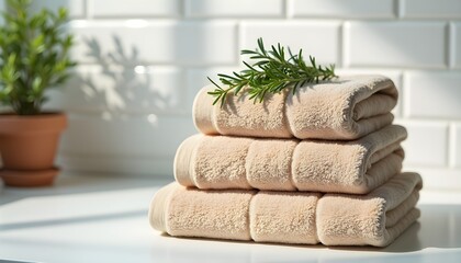 A stack of beige towels with a sprig of rosemary on top