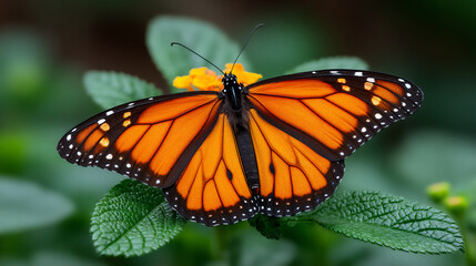 Naklejka premium serene photograph of a monarch butterfly with vibrant orange and black wings resting on a flower