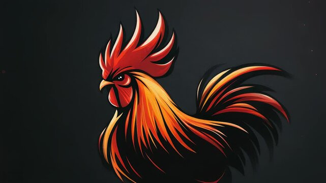 Striking Rooster Illustration with Bold Red and Orange Feathers on a Dark Background, Vector Graphic Design for Branding and Mascot Use